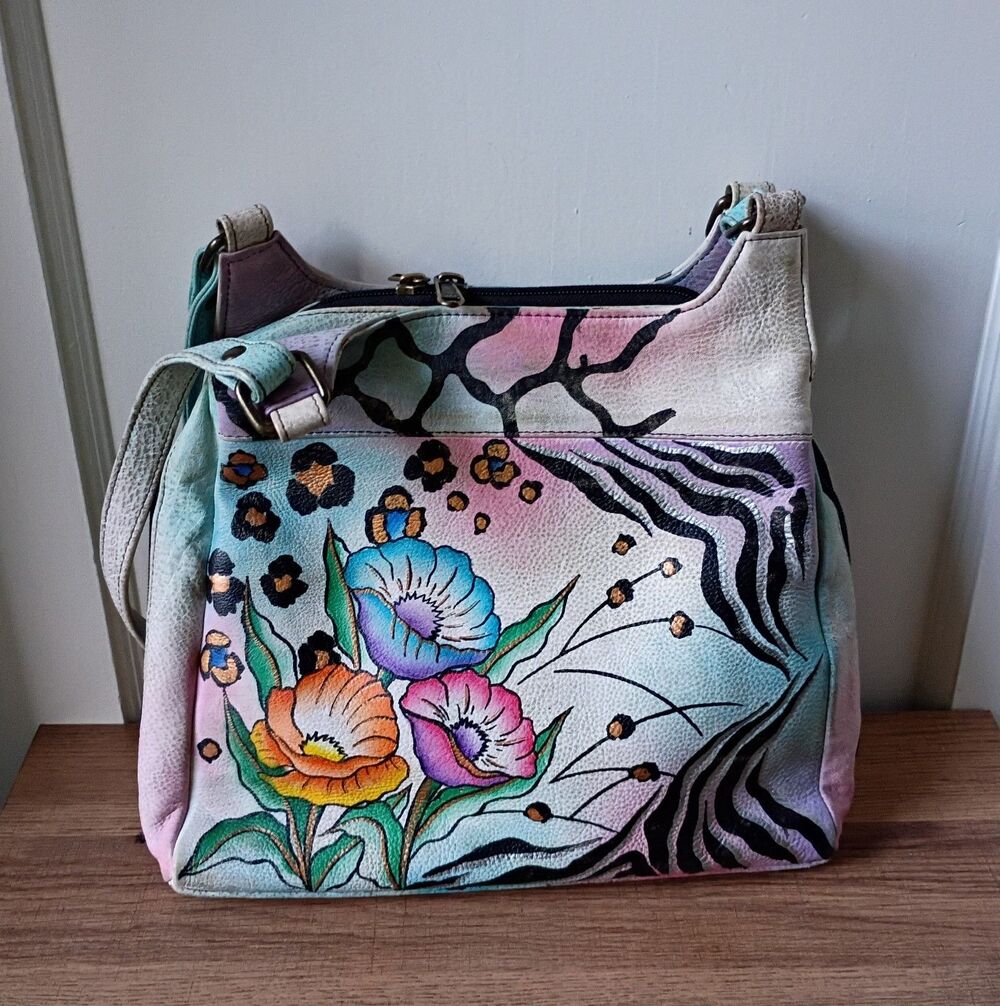 Anuschka Hand Painted Leather Safari Floral Zip Around Shoulder Bag Purse NWOT